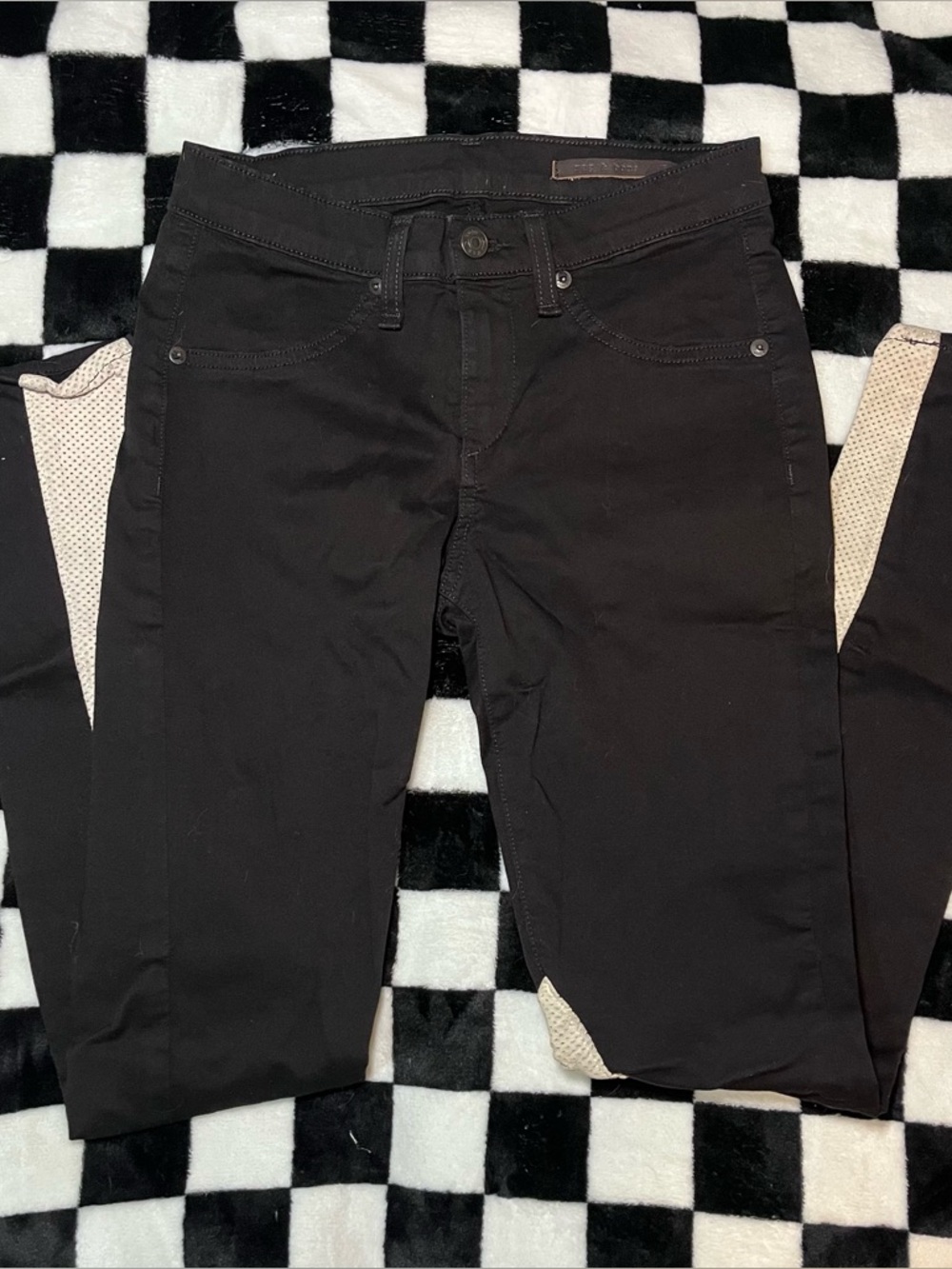 Rag & Bone Black Skinny Jeans with Off White Mesh Legs and Brown Leather Logo